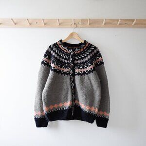 Hand Crafted Gray, Black & Pink Fair Isle Cardigan Sweater